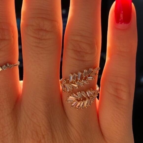 Crystal / Gold Leaf Open Adjustable Ring, Gold Leaf Statement Ring - Picture 5 of 6